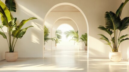 Fototapeta premium Minimalist tropical architecture with archways clean white walls soft shadows lush potted plants and warm sunlight creating a soothing serene and coastal inspired ambiance