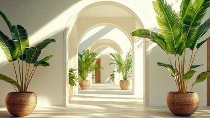 Fototapeta premium Minimalist architectural interior with tropical elements Arched doorways clean white walls soft natural shadows potted tropical plants and warm sunlight creating a serene calming atmosphere