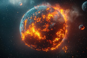 Exploding burning planet in flames and fire in cosmos with stars and other planets in background. Generative Ai