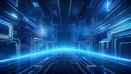Abstract futuristic blue neon light tunnel with glowing lines.