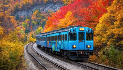 Obraz premium A blue train travels along the railroad tracks next to the forest