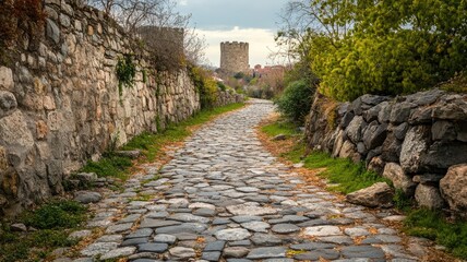 Ancient cobblestone pathway flanked by stone walls, leading to historic tower