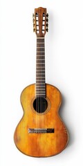 Fototapeta premium Old Guitar Isolated on White Background. Retro Acoustic Instrument for Country Music