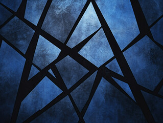 Geometric Elegance. Abstract background featuring intersecting black lines and sharp-edged geometric shapes over a dark blue gradient. 