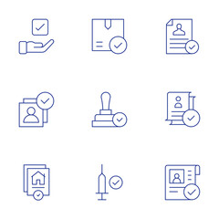 Approval icons set. Thin Line style, editable stroke. check, customer, file, approval, approve, approved, quality control, stamp, vaccination