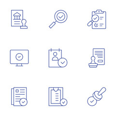 Approval icons set. Thin Line style, editable stroke. check, cv, sign, banking, checking, document, quality control, stamp, validation