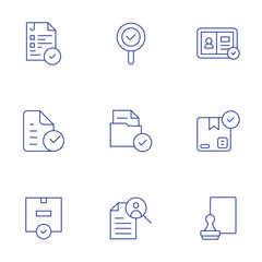 Approval icons set. Thin Line style, editable stroke. id card, job search, mortgage, approved, result, stamp
