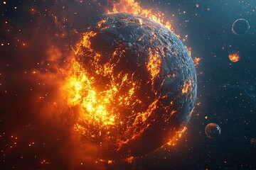 Fototapeta premium Exploding burning planet in flames and fire in cosmos with stars and other planets in background. Generative Ai