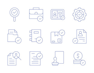Approval icons. Thin Line style, editable stroke. briefcase, corporate policy, exam, id card, job search, approved, check, cv, financial, result, stamp