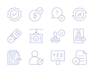 Approval icons. Thin Line style, editable stroke. bitcoin accepted, container, employee, check, cv, file, quality, question, stamp, validity, yes