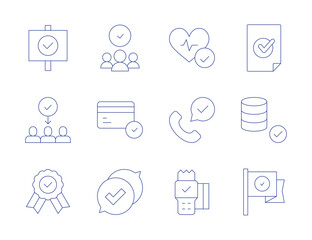 Approval icons. Thin Line style, editable stroke. candidate, credit card, feedback, improve, medal, approved, checking, database, flag, pos terminal, select, service call