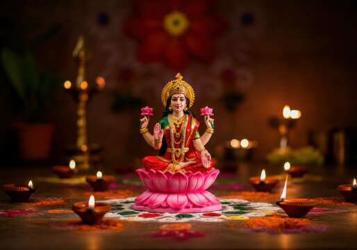 Beautiful clay idol of hindu goddess lakshmi sitting on lotus flower surrounded by diya lamps for diwali celebration