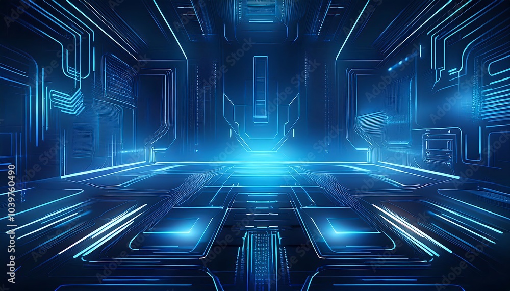 Poster abstract futuristic blue neon lines glowing in dark background with a digital empty space.