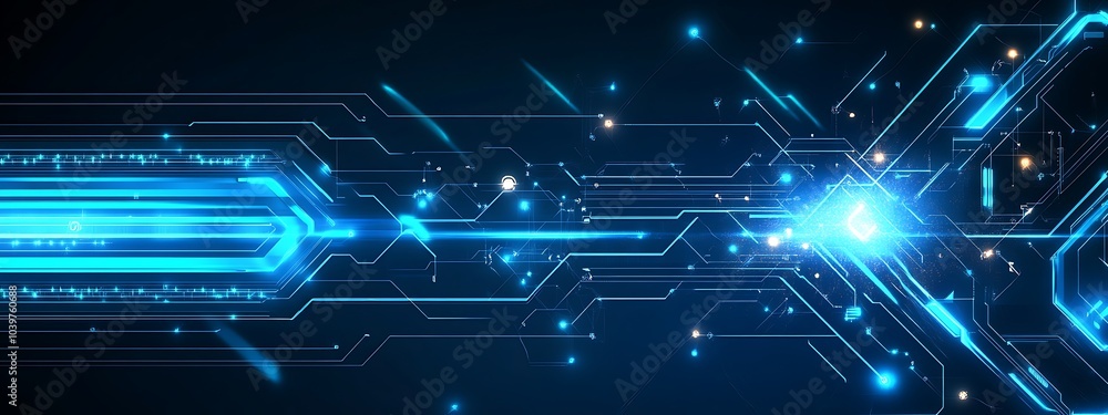 Poster abstract futuristic technology background with glowing blue lines and digital elements on dark blue 