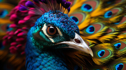 Obraz premium Closeup of vibrant peacock with colorful feathers in full display