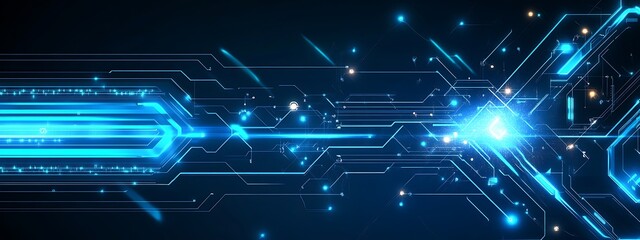 Abstract futuristic technology background with glowing blue lines and digital elements on dark blue background.