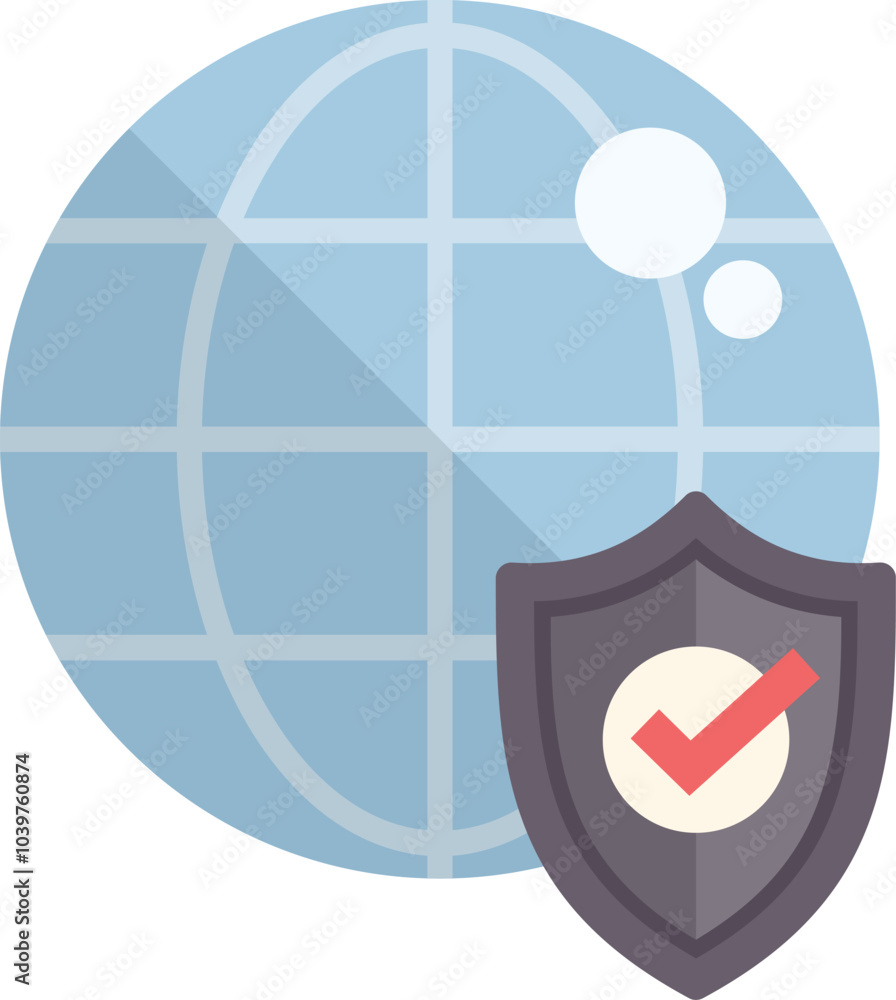 Poster shield with a check mark is protecting a globe, representing the concept of global security