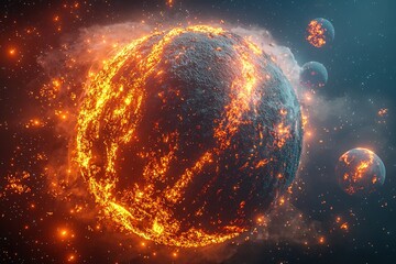 Exploding burning planet in flames and fire in cosmos with stars and other planets in background. Generative Ai