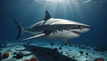 Obraz premium A colossal great white shark slicing through the deep sea, its shadow cast on the ocean floor below, Generative AI