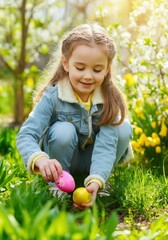 Happy girl playing egg hunt in spring garden on sunny day