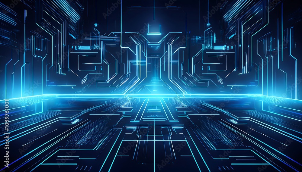Poster Abstract futuristic sci-fi background with glowing blue lines and shapes on dark background.