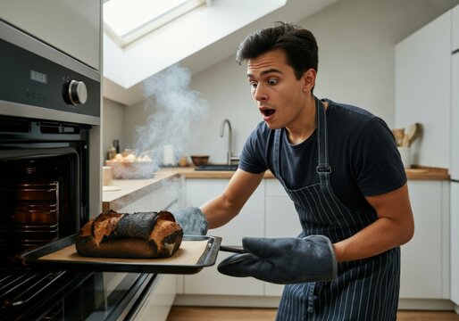 Shocked baker taking burnt bread out of the oven at home in his kitchen, culinary disaster concept