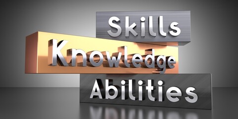 Skills, knowledge, abilities - words on metal blocks - 3D illustration