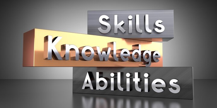 Skills, knowledge, abilities - words on metal blocks - 3D illustration