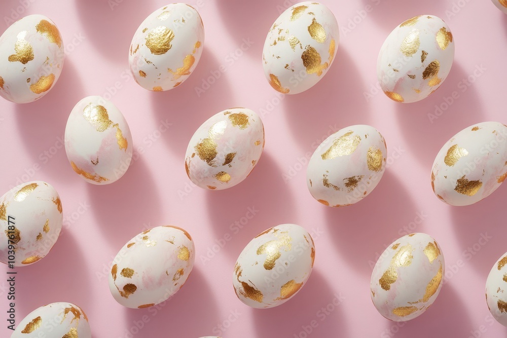 Poster easter eggs with gold pattern lying on pink background creating a flat lay composition