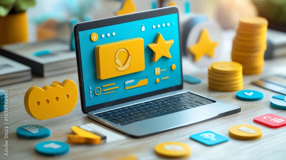Poster a laptop computer with a website on the screen showing customer service icons and a star rating.