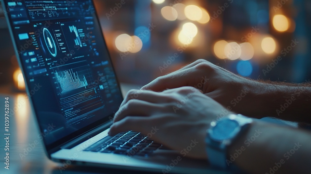Poster hands typing on laptop with data analysis display