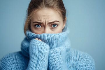 A woman wearing a blue sweater is shivering