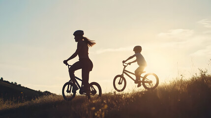 Obraz premium Silhouette of a mother and child riding bicycles on a grassy hill at sunset, capturing a peaceful and bonding outdoor moment in nature.