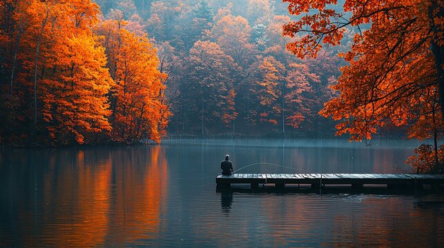 Autumn Solitude Fisherman on Wooden Dock by Tranquil Lake with Vibrant Fall Foliage