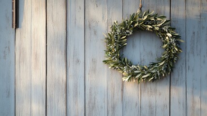 Festive green wreath on weathered wooden door in sunlight