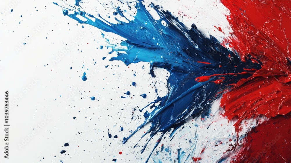 Poster abstract painting with dynamic splashes of blue and red on white background