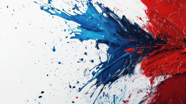 Abstract painting with dynamic splashes of blue and red on white background