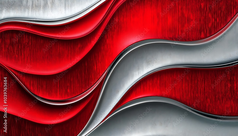 Poster vibrant red and silver abstract waves on textured background – dynamic metallic flow design for mode