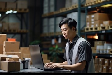 Asian male warehouse worker checking orders at computer workstation laptop concentration entrepreneur.