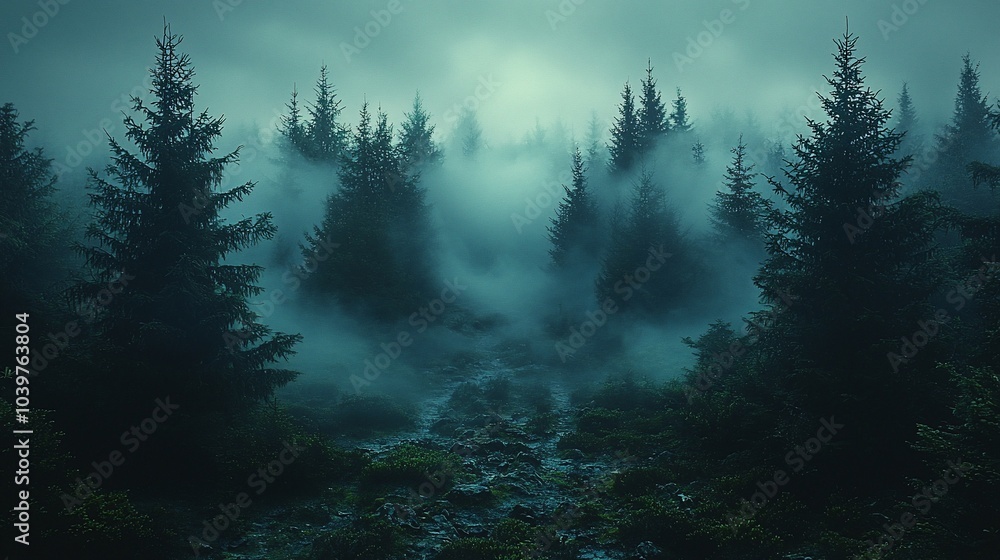 Poster a misty forest with tall pine trees and a path leading through the fog.