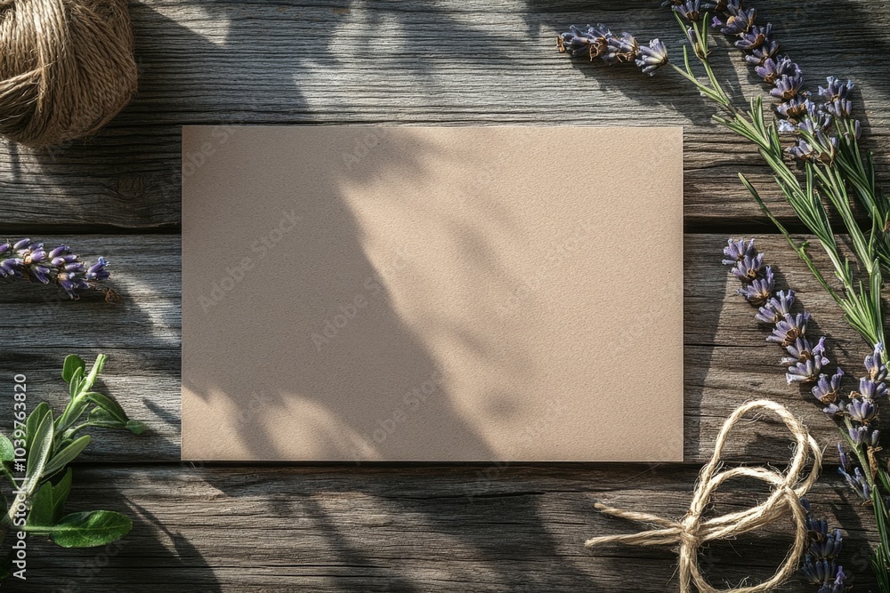 Poster sunlight casting shadows on a blank greeting card surrounded by lavender and string on a rustic wood