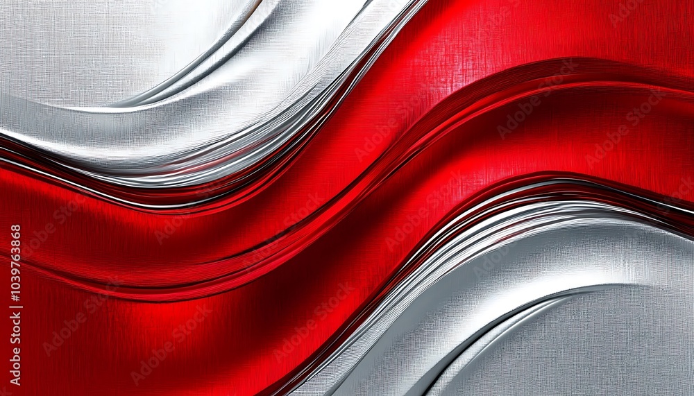 Poster vibrant red and silver abstract waves on textured background – dynamic metallic flow design for mode