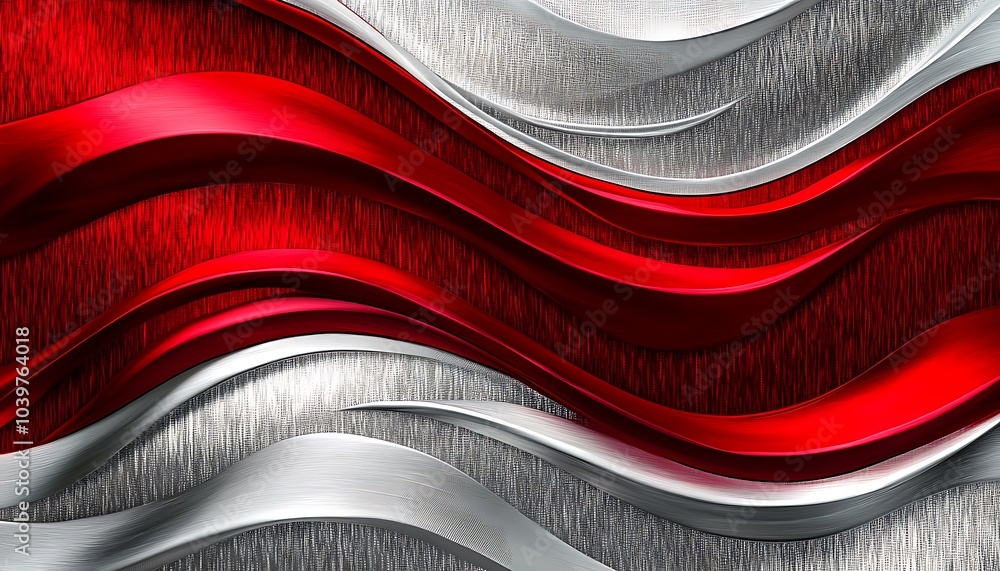 Poster vibrant red and silver abstract waves on textured background – dynamic metallic flow design for mode