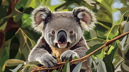 Fototapeta premium Illustration of a koala on a tree surrounded by green leaves in vector style