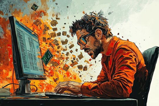 man sitting at his computer, staring in disbelief as a chart behind him nosedives off a graph, while his wallet explodes into tiny coins, caricature illustration