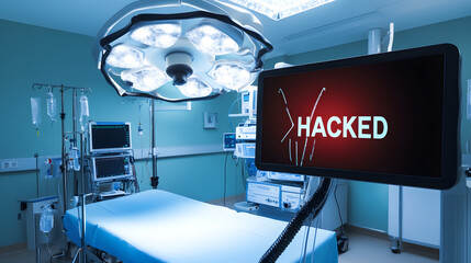 operating room with a monitor showing a "HACKED" alert, surrounded by surgical lights and medical equipment, highlighting cybersecurity vulnerabilities in healthcare.