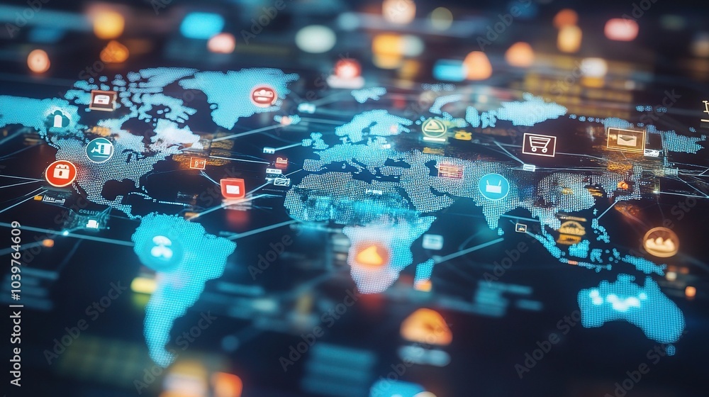 Poster global network map with digital icons and connections