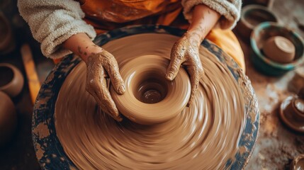 An artistic pottery workshop with clay and tools, Pottery wheel spinning with creative energy, Craft-inspired style