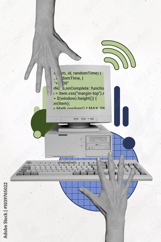 Aufkleber composite trend artwork sketch image photo collage of bodyless hand press keyboard obsolete computer