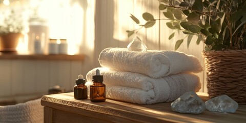 A cozy wellness space with essential oils, soft towels, and healing crystals on a wooden table